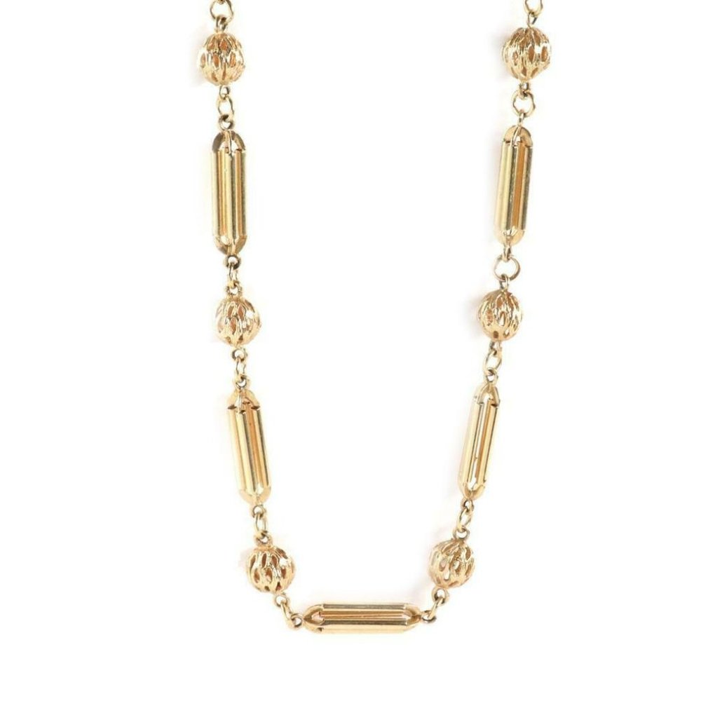 14k Gold Column Bar & Filigree Ball Motif Necklace